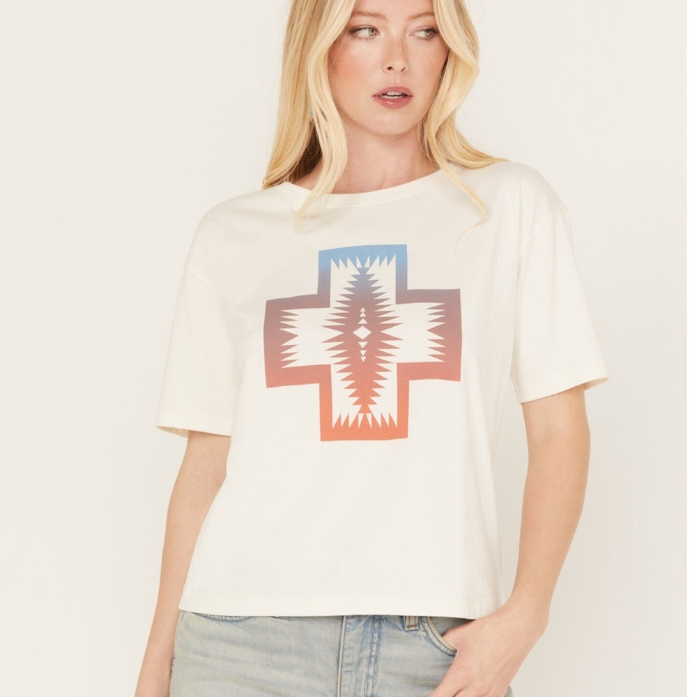 Pendleton Women's Cropped Deschutes Graphic Tee Ivory Size L Casual Relaxed Fit